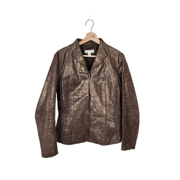 Coldwater Creek Leather Jacket women's Medium Metallic bronze - Picture 4 of 8